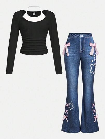 Sweetra Young Conjunto casual de 2 piezas con jeggings impresos y top de cuello halter con decoración de moño para niñas