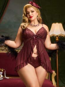 SHEIN Slumberist Plus Size Women 2 Pieces Set: Lace Patchwork Diamond Mesh Camisole Top + Sexy Lace Pajama Pants - Maroon - View 6