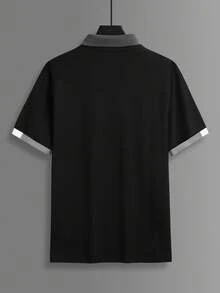 Manfinity Mode 男士刺绣纽扣休闲短袖 Polo 衫 男士 Polo 衫 黑色翻领衬衫 男士翻领衬衫 黑白衬衫 男士 Manfinity 男士衬衫 - 黑色 - 查看 2