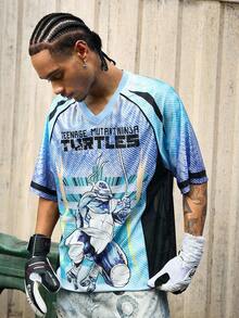 ROMWE MEN TEENAGE MUTANT NINJA TURTLES X ROMWE Men's Turtle Print Contrast Color Short Sleeve T-Shirt - Blue - View 9