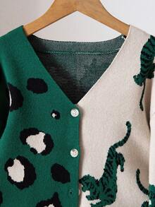 Sparklyn 女童时尚豹纹提花针织开衫，秋冬 - 橄欖綠 - 查看 3