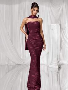 Coutiva Rochie de seară formală texturată, fără bretele, pentru femei - Burgundia - Vizualizare 4