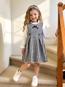 Elladie kids 少女复古法式优雅可爱格纹碎花长袖二合一中长连衣裙，秋冬季节适用。这款连衣裙适合学校、家庭聚会和休闲娱乐。这款连衣裙的设计让少女们看起来充满活力和可爱，为她们增添更多活力。无论是外出还是在温馨的家庭环境中，这款连衣裙都一定会为少女们带来乐趣和活力！ - 黑與白 - 查看 1