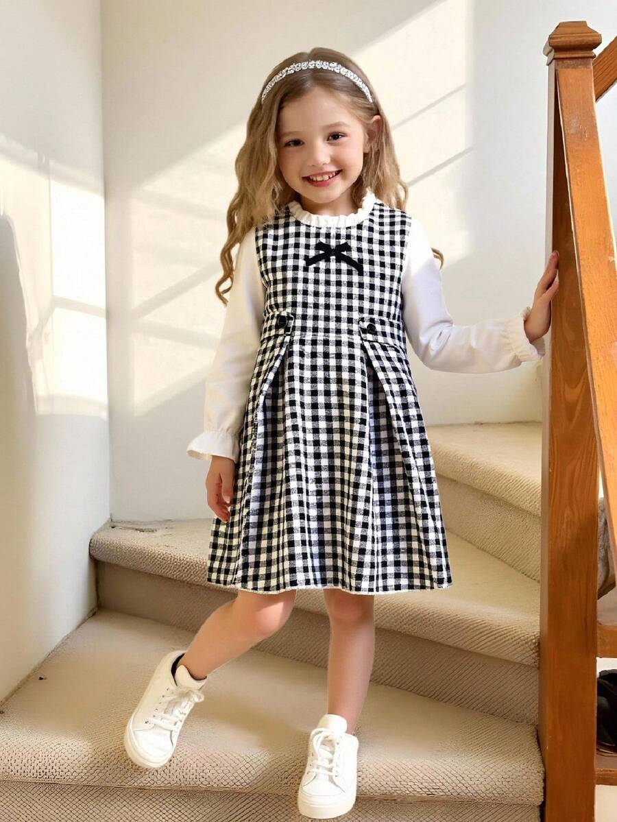 Elladie kids 少女复古法式优雅可爱格纹碎花长袖二合一中长连衣裙，秋冬季节适用。这款连衣裙适合学校、家庭聚会和休闲娱乐。这款连衣裙的设计让少女们看起来充满活力和可爱，为她们增添更多活力。无论是外出还是在温馨的家庭环境中，这款连衣裙都一定会为少女们带来乐趣和活力！ - 黑與白 - 查看 1