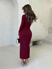 Jemour Autumn Wear Solid Color Square Neck Tight Black Long-Sleeved Dress