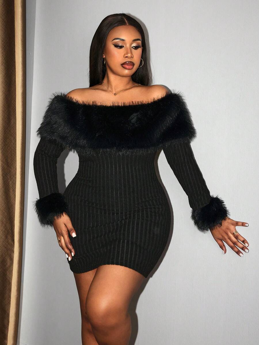 Hourglow Christmas Plus Size Elegant Commuter Fuzzy Patchwork Off-Shoulder Fitted Dress