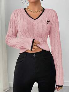 EMERY ROSE Autumn/Winter Fashion Butterfly Embroidery V-Neck Cable Knit Women Pullover Sweater - Pink - View 6