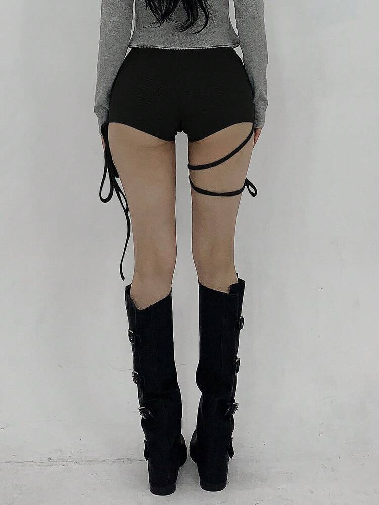 Women's Solid Color Elastic Wrap Tie Shorts With Bowknot, Athleisure, All Season