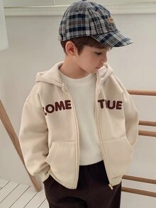 DAZY 男童字母印花拉链卫衣，秋冬季休闲长袖卫衣 - 卡其色 - 查看 3