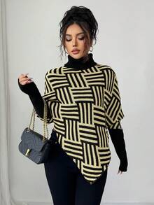 Selianne Women's Elegant High Neck Geometric Textured Poncho Sweater, Colorblock, Suitable For Home & Travel, Spring/Autumn - Yellow - View 6
