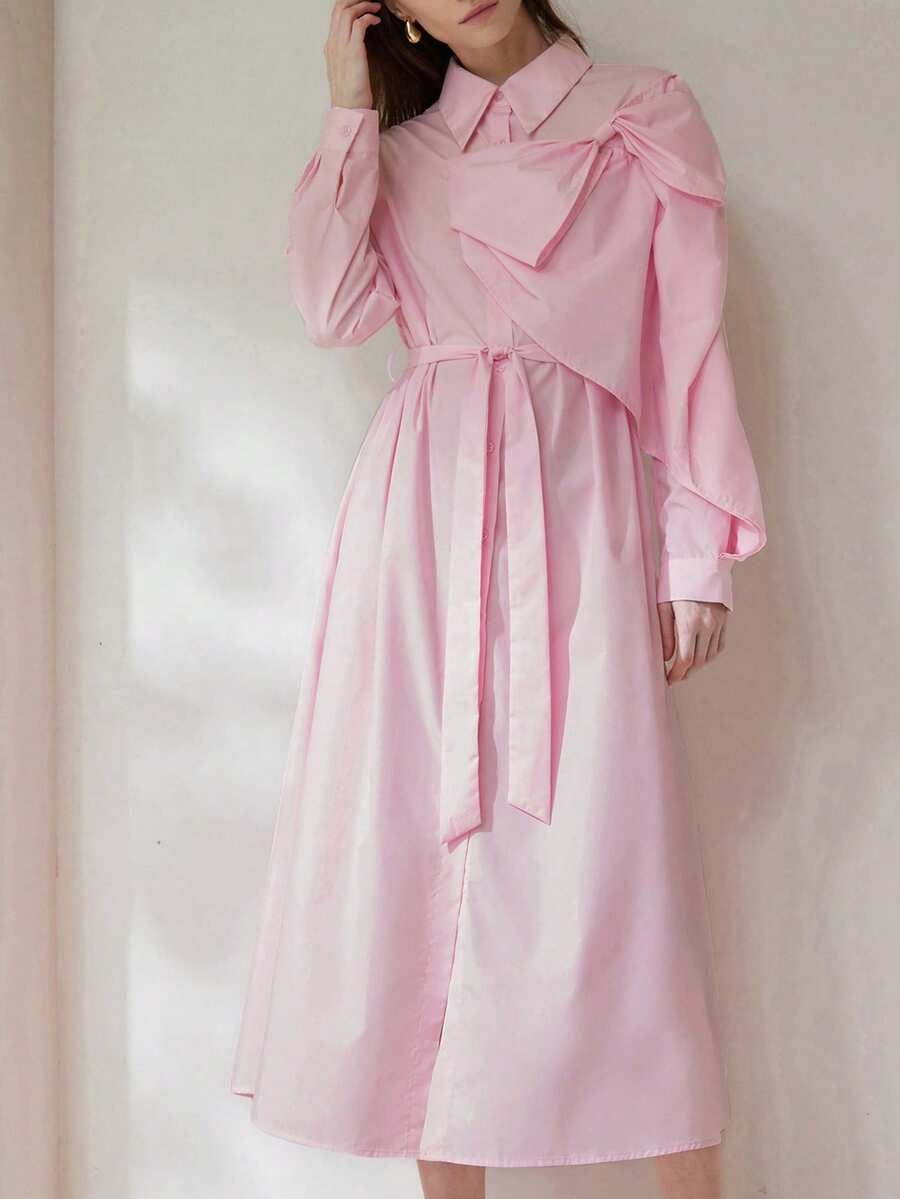 Aveloria Modichic Robe chemise à manches longues avec col chauve-souris décoré d'un nœud papillon, taille cintrée, ouverture devant, style minimaliste et élégant, rose clair - Rose bonbon - Voir 1
