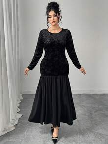 Modelyn Luxury Elegant Plus Size Women's Dress, Black Long Sleeve Round Neck, Velvet Embossed Pleated Patchwork Ruffle Hem, Minimalist Fashionable Socialite Style - Black - View 5