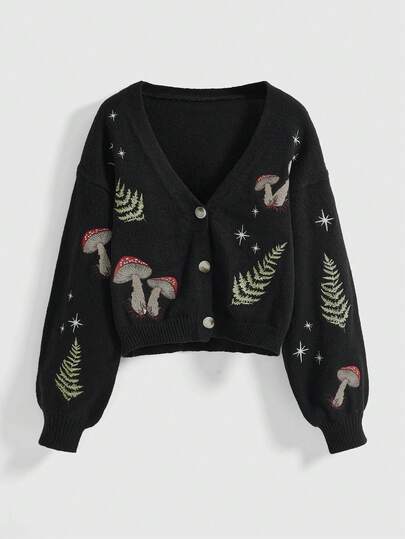 Goth Nature-Inspired Mushroom, Herb & Crescent Moon Embroidered Loose Cardigan For Women