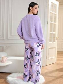 HELLO KITTY AND FRIENDS | SHEIN 女士舒适休闲可爱卡通刺绣宽松蓬松上衣和棋盘格长裤睡衣套装，秋冬款