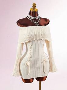 Amplova 露肩优雅日常长袖紧身迷你针织连衣裙，配有蝴蝶结肩带 - 杏色 - 查看 4