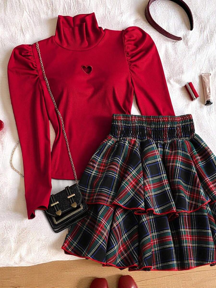 Sparklyn 2pcs/Set Tween Girls Casual Christmas & New Year Red T-Shirt And Red Plaid Skirt - Multicolor - View 1