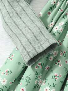 SHEIN Girls' Elegant Casual Ditsy Floral Textured Knit Patchwork Outdoor Dress - Green - View 6