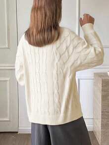 DAZY Jersey de punto de cable con cuello en V para mujer, diseño de cuello bordado, corte holgado, otoño/invierno - Albaricoque - Ver 2