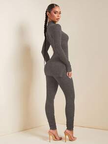 SHEIN SXY 秋季女装；女士纯色立领长袖上衣和裤子两件套保暖保暖套装；；；棕色西装两件套，女士舒适两件套家居服；女士灰色两件套；打底裤两件套；舒适两件套 - 灰色 - 查看 2