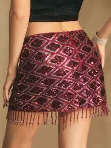 Poéselle Minifalda con cremallera en la espalda, con lentejuelas rojas y flecos, falda de lentejuelas, falda brillante para fiestas, Año Nuevo, Navidad, fiestas, elegante, adecuada para uso diario, fiestas, salir, ir y venir, otoño/invierno