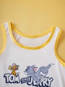 TOM & JERRY X SHEIN 男童可爱卡通图案夏季无袖上衣短裤套装