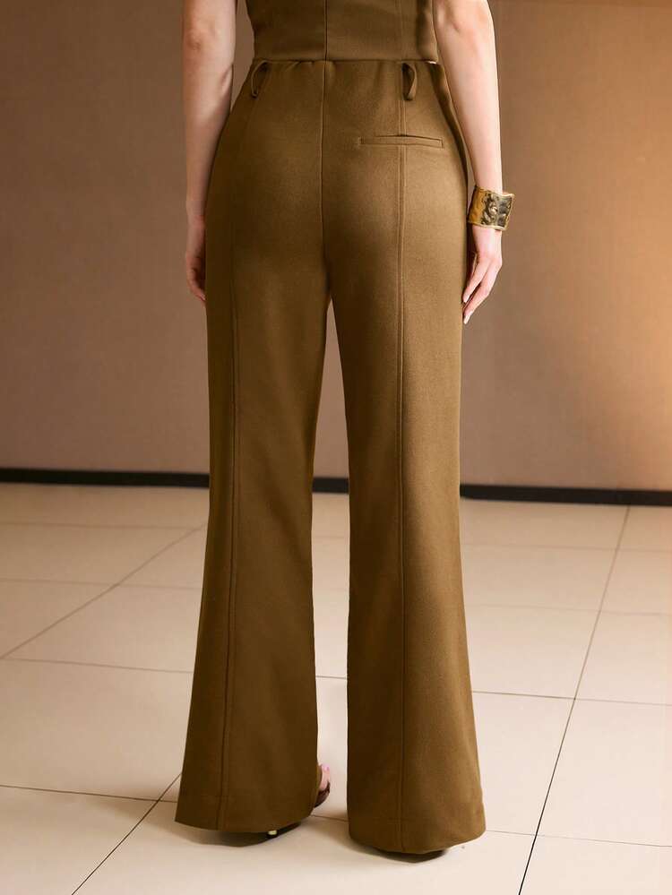 SOLID ZIP FLY SEAM FRONT FLARE LEG SUIT PANTS , FALL WINTER