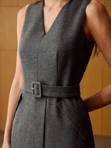 MOTF PREMIUM 羊毛优雅系腰带通勤连衣裙，冬季 - 灰色 - 查看 3