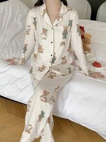 少女针织可爱熊图案领长袖衬衫和裤子休闲睡衣套装 - 杏色 - 查看 3