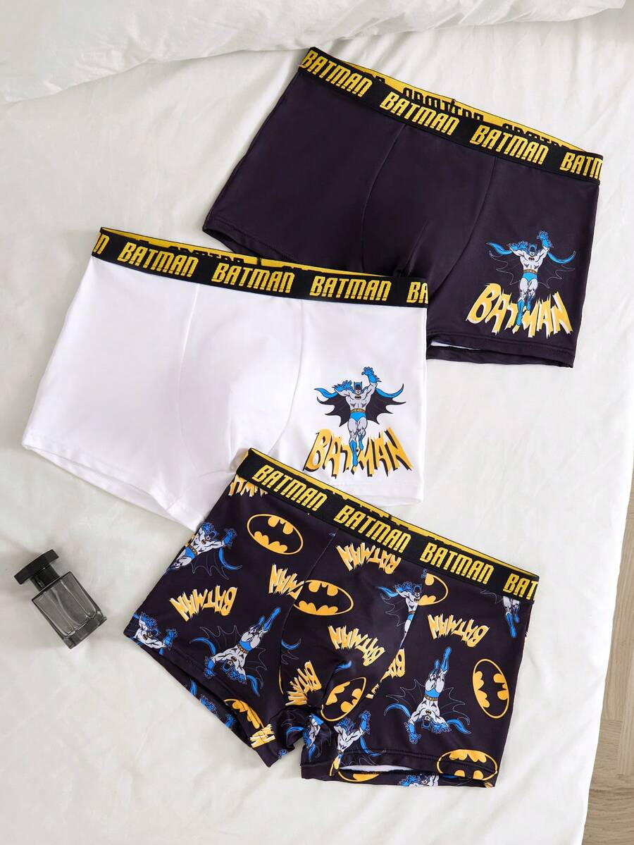 BATMAN X SHEIN 3pcs Men's Letter & Cartoon Figure Graphic Boxer Briefs Graphic Boxers Boys Underwear Boxer Briefs, Cartoon Superhero Print,Oft & Comfortable Custom Underwear Custom Boxers Men - Black and White - View 1