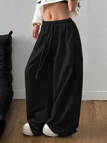 SHEIN Tall CURVE PLus Size Women's Streetwear Going Out Break Outfits Plus Size Elastic Waistband Comfortable Grey Barrel Leg Pants Women