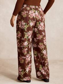 EMERY ROSE Plus Size Women Vintage Minimalist High Waist Elegant Digital Print Long Casual Pants, Winter - Brown - View 2