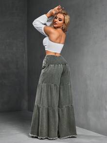 SHEIN SXY 女式宽松男友风破洞下摆拼布牛仔裤 - 軍綠色 - 查看 8