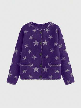 Hippie Cardigan ample en tricot à col rond, manches longues et épaules tombantes, à simple boutonnage, avec motif jacquard étoile, pour femmes grandes tailles. Automne/Hiver