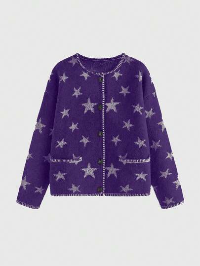 Hippie Cardigan casual oversize da donna con scollo a ciambella, maniche a giro, monopetto, in maglia jacquard a stelle, adatto per autunno/inverno