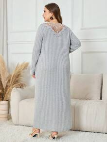 Lacomfia Vestido casual de mujer de talla grande con parches de encaje y costillas cepilladas - Gris - Ver 5