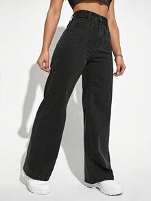 SHEIN ICON 大码女式黑色无弹力阔腿牛仔裤 - 黑色 - 查看 3