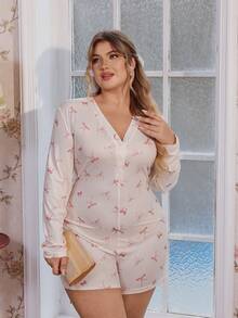 CottageSlumber Macaquinho Romântico de Manga Longa com Estampa de Borboleta, Gola Botão Meia, Decote V, Tricô Jacquard Plus Size para Mulheres, Roupa de Dormir, Inverno