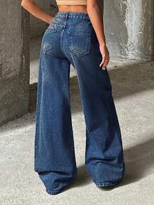 EURMUSE RueChic VINTAGE WASH HIGH WAIST WIDE LEG CUT ASYMMETRIC BELT DETAIL - Medium Wash - View 2