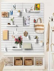 带挂钩和收纳盒的壁挂式收纳整理板，预钻孔的可安装式挂板，适用于厨房、卧室、浴室、书房，也是节省空间的桌面展示和收纳方案，适用于家庭办公室、车库、工作室和手工室。 - 彩色 - 查看 5