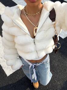 Muchica Women's Fashionable Solid Color Fluffy Hooded Cropped Jacket For Autumn/Winter - White - View 6