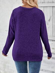 EMERY ROSE 大码女式休闲长袖圆领褶皱下摆纽扣装饰T恤，秋冬 - 紫色 - 查看 2