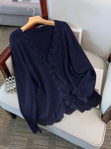 GlowEve CURVE Plus Size Elegant Solid Color Lace Patchwork Cardigan