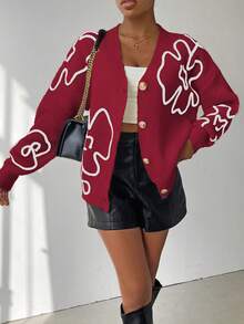 Chiquease Cardigan Wanita Bermotif Bunga, Modis untuk Musim Gugur/Dingin - Merah - View 3
