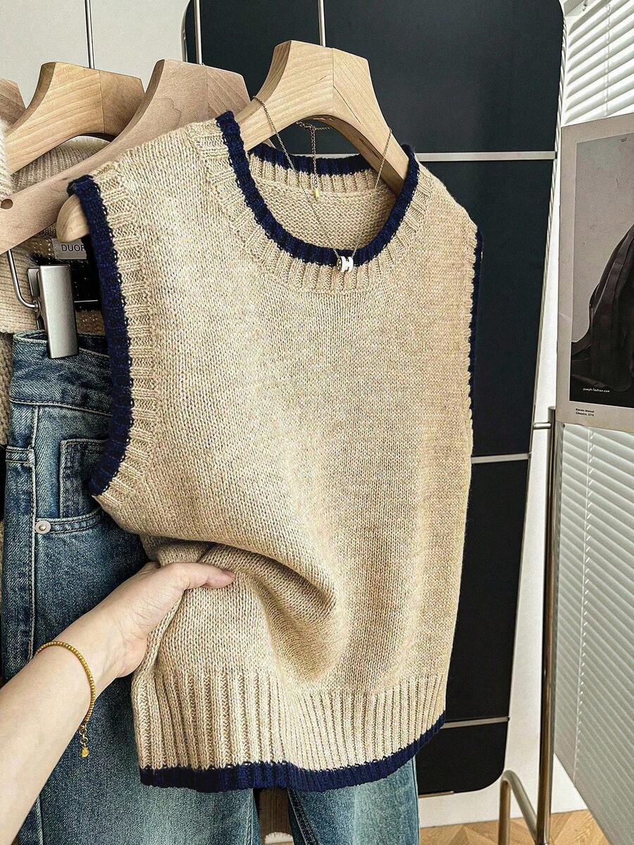 Franclia Casual Loose Crew Neck Sleeveless Knit Contrast Trim Khaki Sweater Top For Women, Spring/Autumn - Apricot - View 1