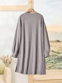 Rusticease Đầm ngắn tay dài cổ tròn họa tiết kẻ caro thường ngày dành cho nữ - Nhiều màu - Xem 2