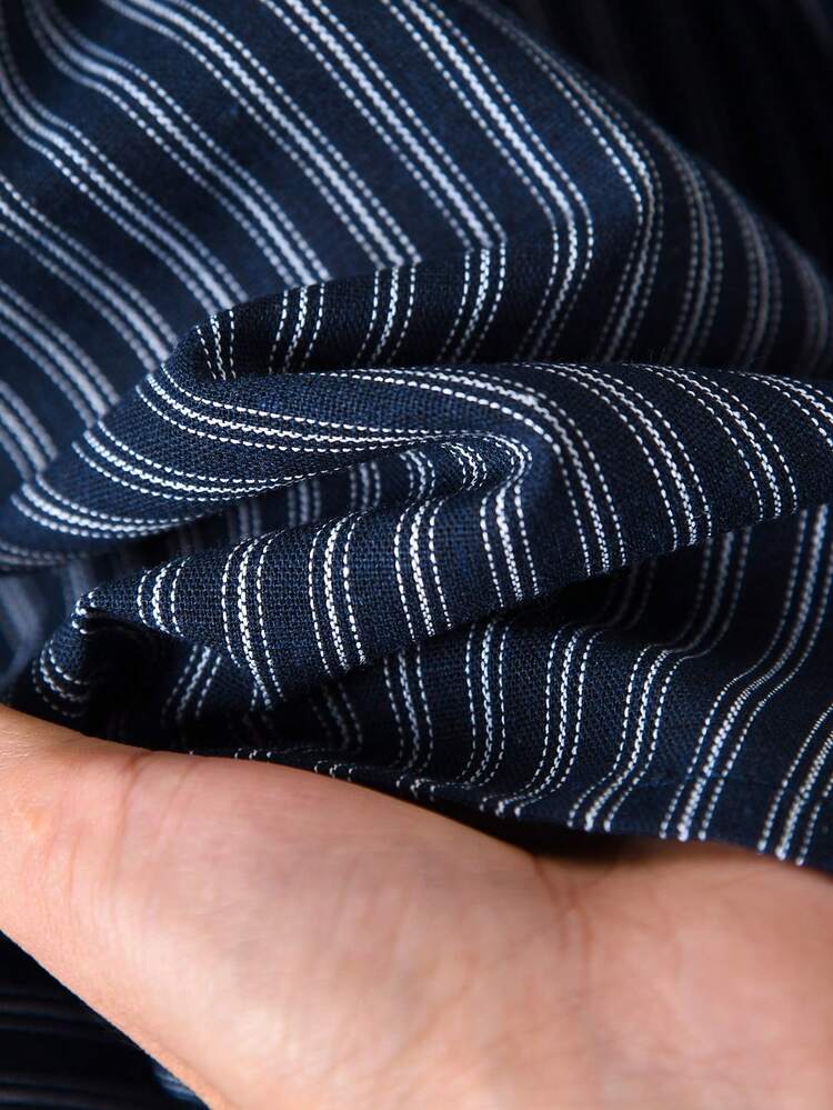 Damen Stehkragen gestreiftes Langarm Kleid mit Rüschensaum, Lässig