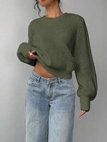 SHEIN BASICS 女士休闲纯色圆领落肩毛衣，秋冬 - 軍綠色 - 查看 3