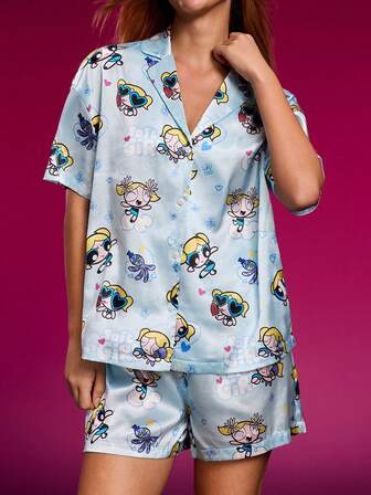 THE POWERPUFF GIRLS X SHEIN Conjunto de pijama de mujer con top de manga corta y pantalones cortos con patrón de burbujas, pijama de verano para mujer, conjunto de pijama de verano con botones, conjunto de pijama sexy