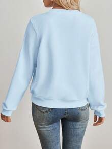 SHEIN EZwear 休闲简约米兰印花图案浅蓝色圆领宽松长袖女式卫衣，适合秋冬季穿着。 - 淺藍色 - 查看 2
