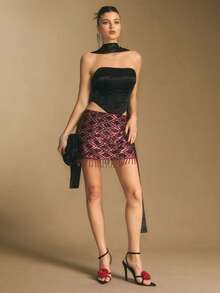 Poéselle Minifalda con cremallera en la espalda, con lentejuelas rojas y flecos, falda de lentejuelas, falda brillante para fiestas, Año Nuevo, Navidad, fiestas, elegante, adecuada para uso diario, fiestas, salir, ir y venir, otoño/invierno